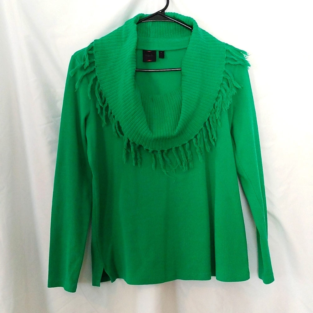 Unique green cowl neck sweater by Rafaela. Size medium.